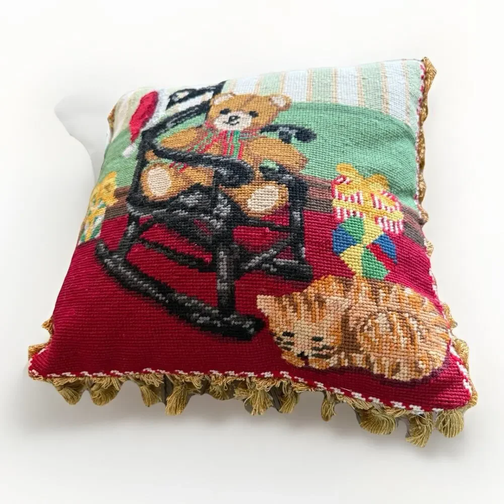 Vintage Wool Needlepoint Red Velvet Pillow Christmas Teddy Bear 13